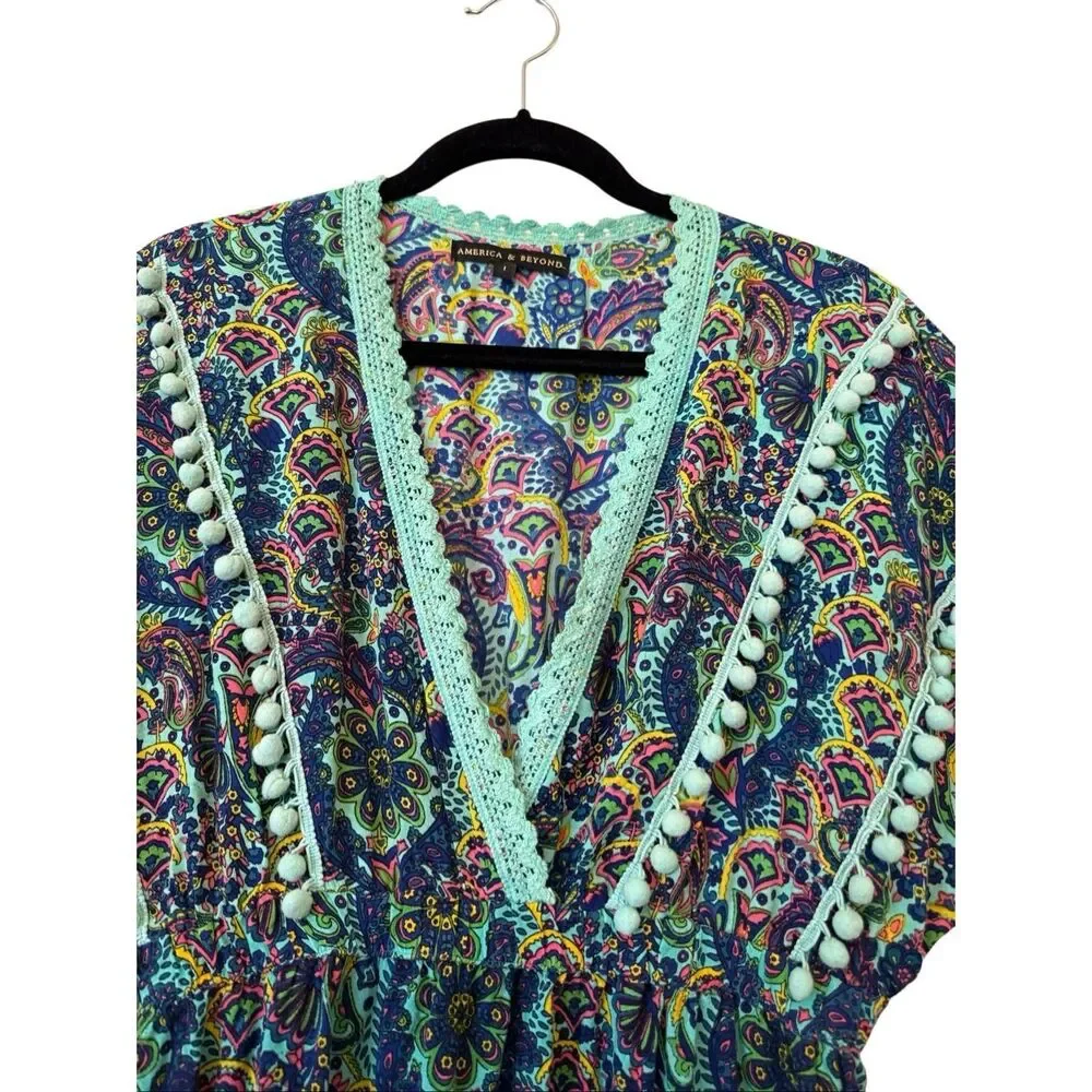 American & Beyond Caftan Dress/Swim Cover Teal Paisley Size M Festival, Resort